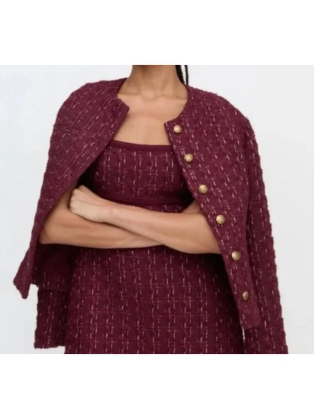 Hill House Burgundy Tweed Button-Up Valentina Jacket, Size Large